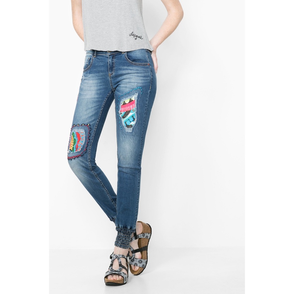 Desigual Slim Fit Stretch Patchwork Embroidered Smocked Cuff Jeans 26 Festival